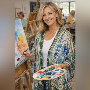 Umgee Green, Blue, Orange Paisley and Floral Kimono Oversized Lagenlook Cottage